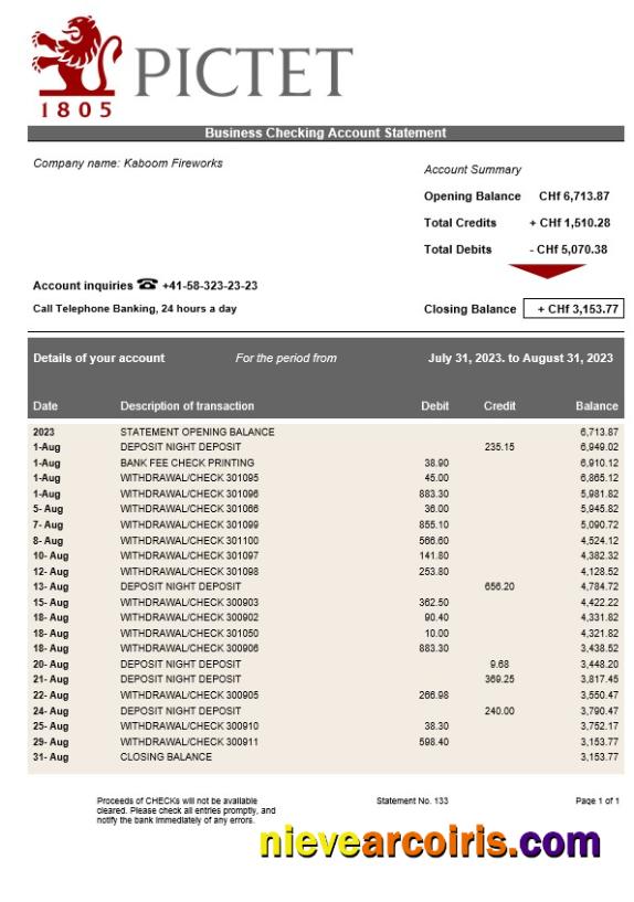 Professional Pictet Bank Firm Account Statement Word And PDF Template
