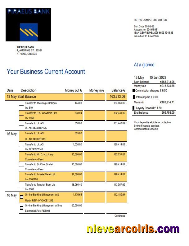 Editable Piraeus Bank Business Statement Word And PDF Template