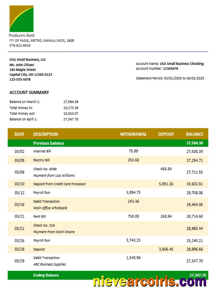 Producers Bank Business Bank Statement Word And PDF Format Preview