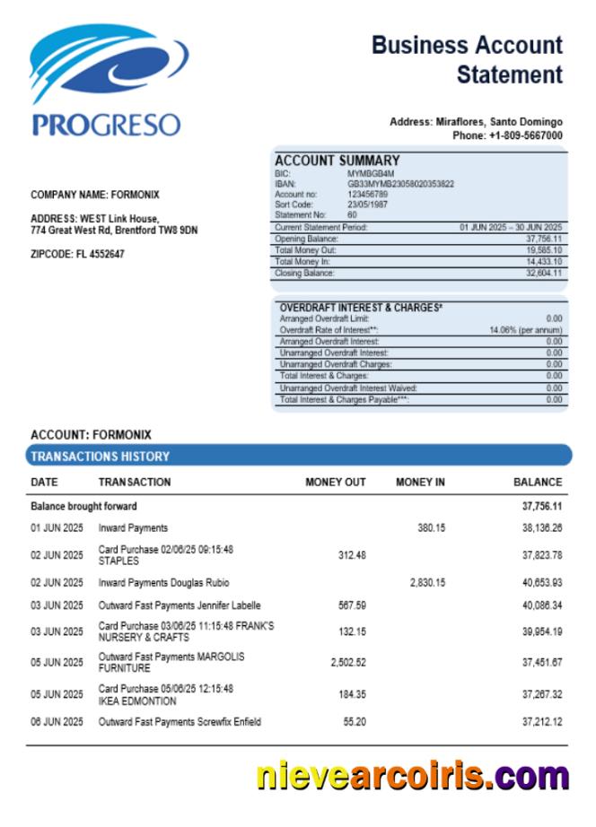 Realistic Progreso Business Account Statement Word And PDF Template