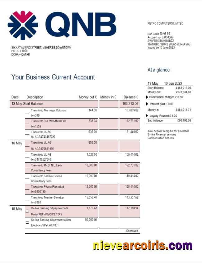 Editable QNB Bank Company Account Statement Word And PDF Template