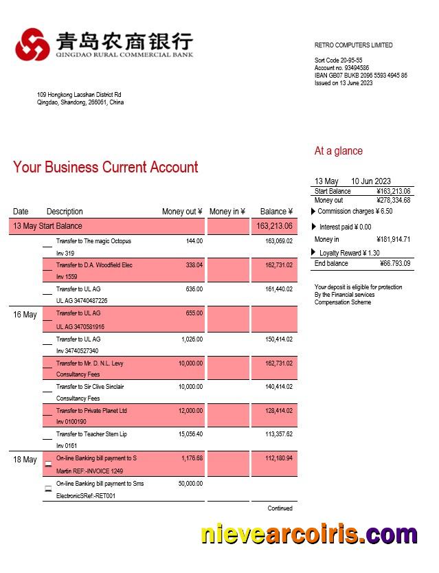 Professional Qingdao Rural Commercial Bank Organization Account Statement Word And PDF Template