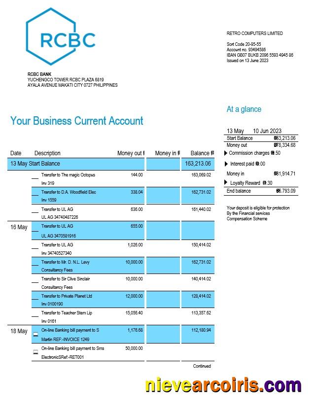 Professional RCBC Bank Organization Account Statement Word And PDF Template