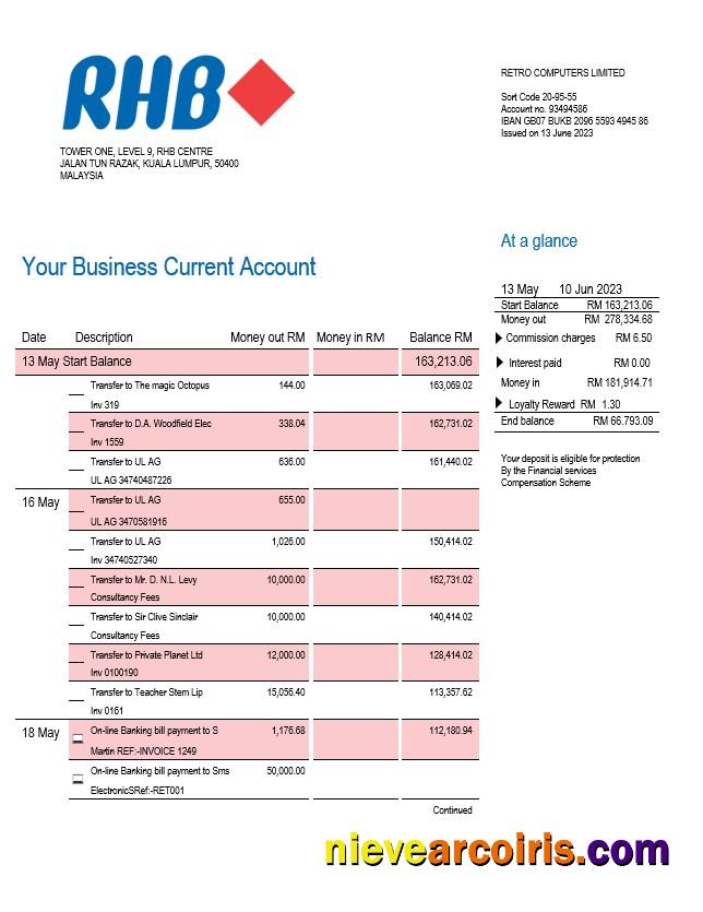 Editable RHB Bank Company Checking Account Statement Word And PDF Template