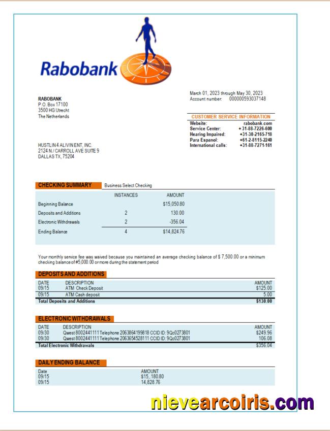 Realistic Rabobank Bank Organization Account Statement Word And PDF Template