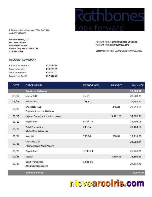 Editable Rathbones Bank Company Account Statement Word And PDF Template