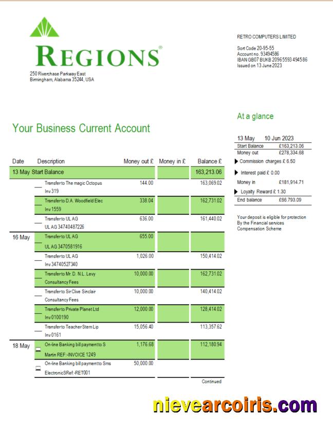 Premium Regions Financial Corporation Company Checking Account Statement Word And PDF Template