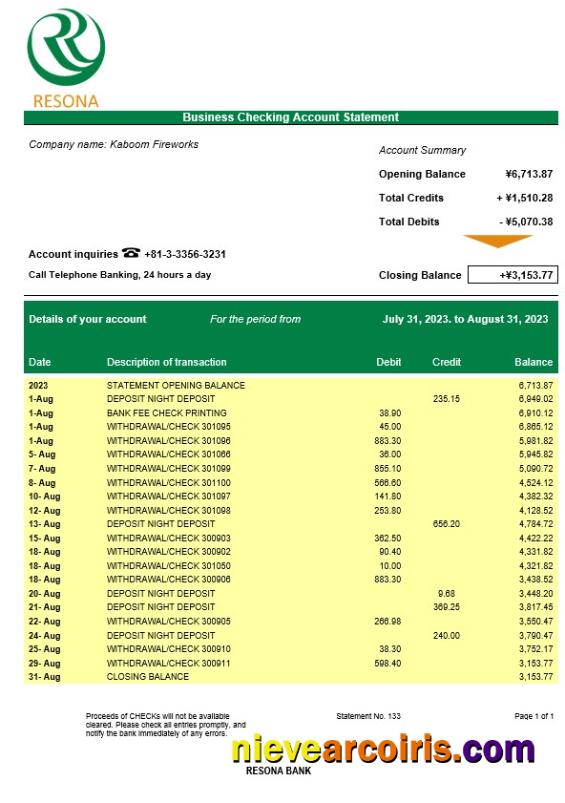 Realistic Resona Bank Company Checking Account Statement Word And PDF Template