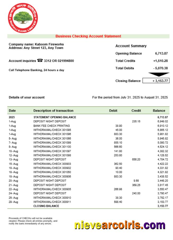 Realistic Rupali Company Checking Account Statement Word And PDF Template