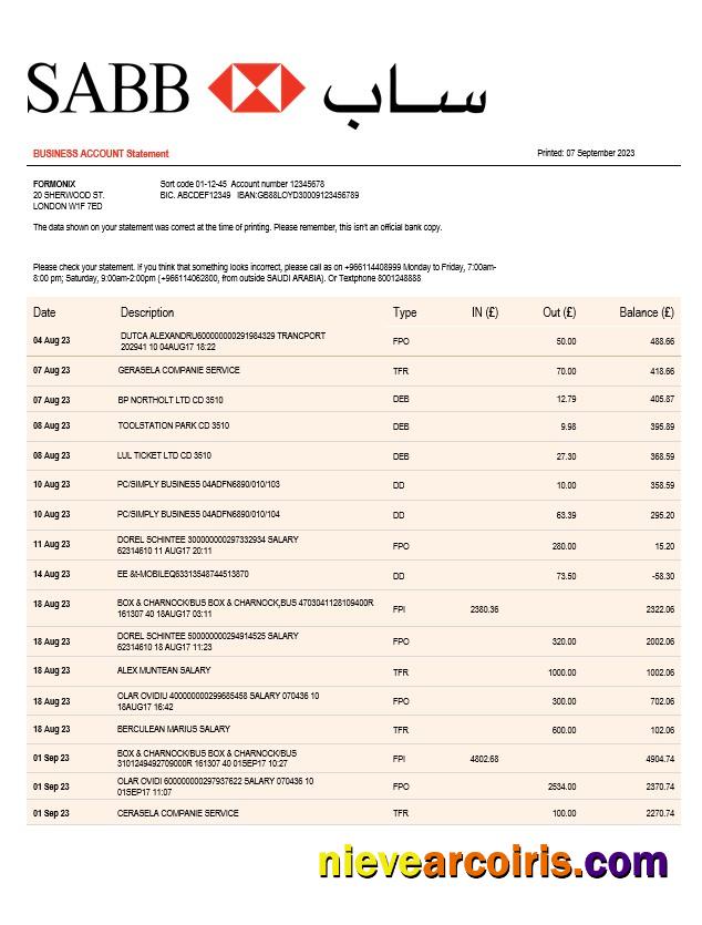 Professional SABB Bank Company Statement Word And PDF Template