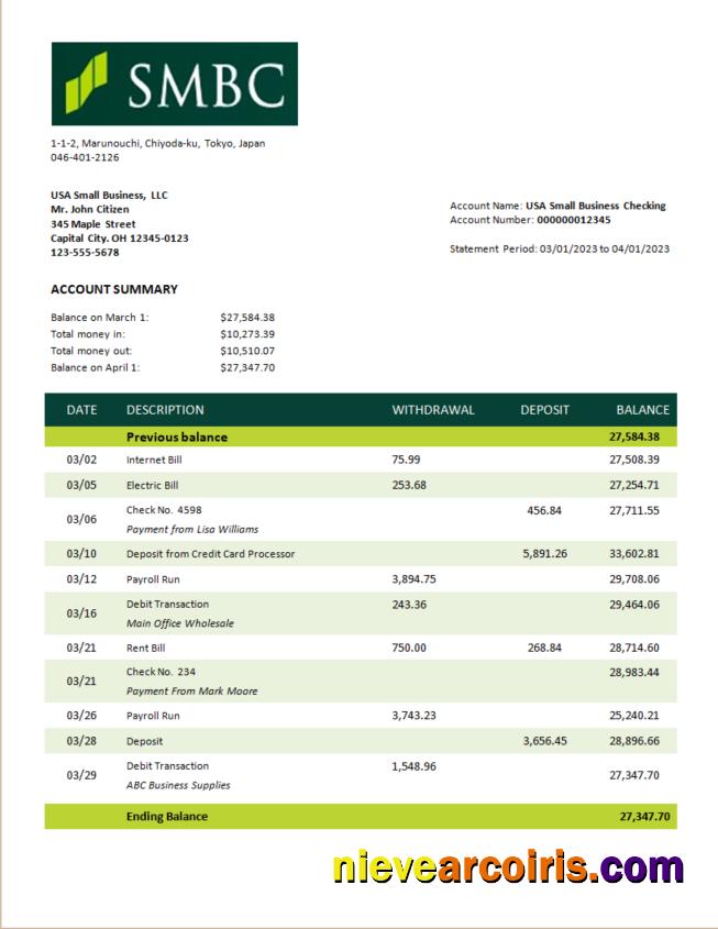 Editable SMBC Bank Firm Account Statement Word And PDF Template