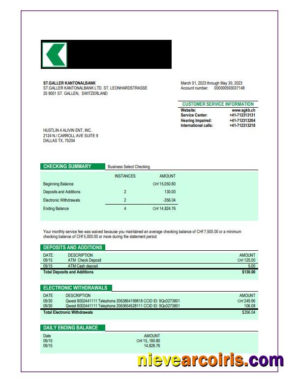 Premium ST. Galler Kantonalbank Organization Checking Account Statement Word And PDF Template