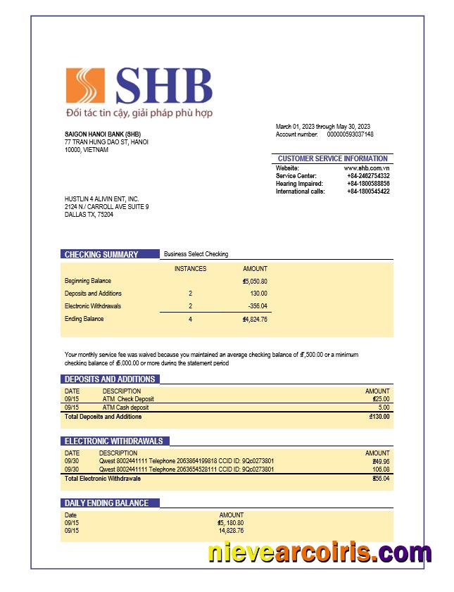 Editable Saigon Hanoi Bank (SHB) Organization Account Statement Word And PDF Template