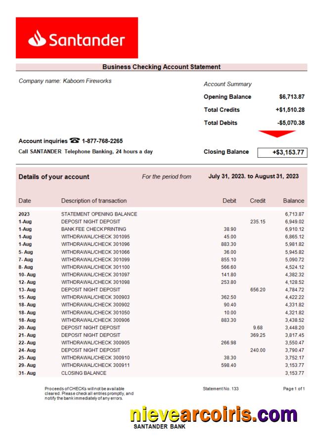 Professional Santander Bank Company Account Statement Word And PDF Template