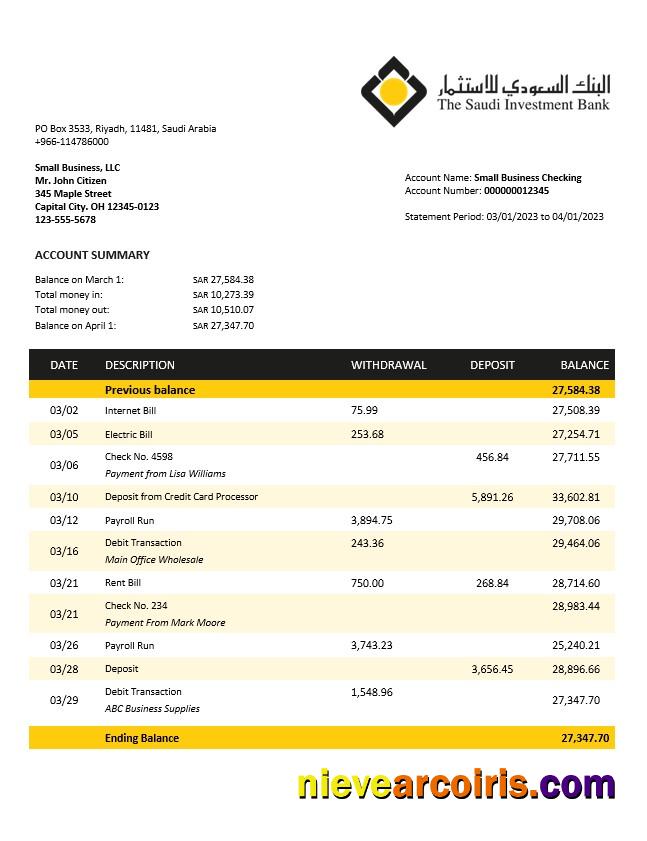 Premium Saudi Investment Bank Business Checking Account Statement Word And PDF Template