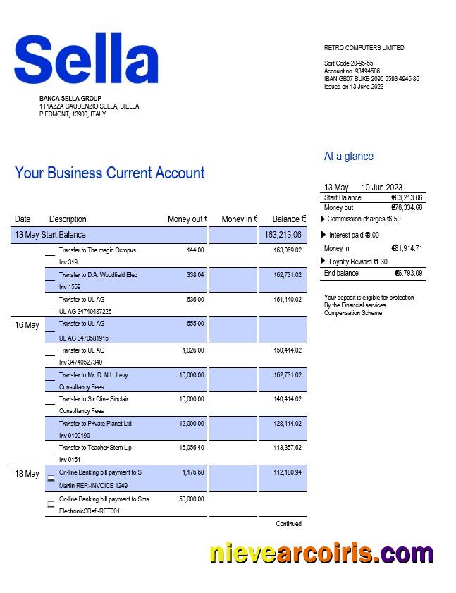 Editable Sella Bank Business Checking Account Statement Word And PDF Template
