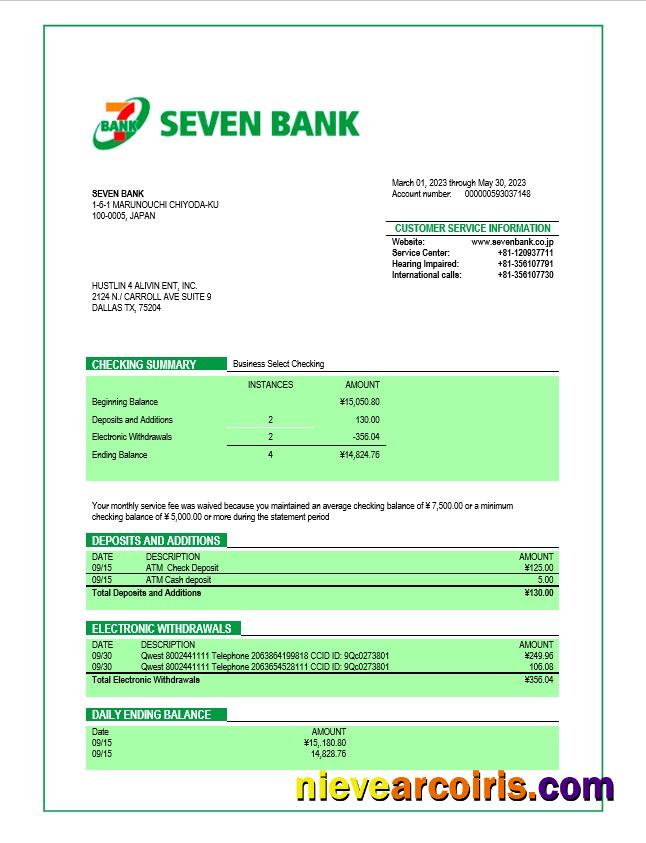 Professional Seven Bank Company Checking Account Statement Word And PDF Template