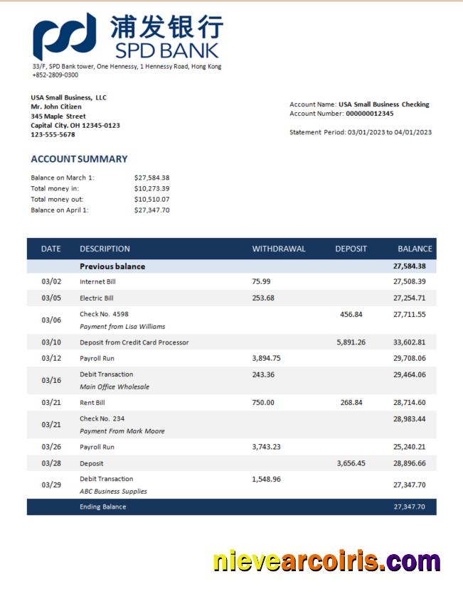 Premium Shanghai Pudong Development Business Bank Statement Word And PDF Template