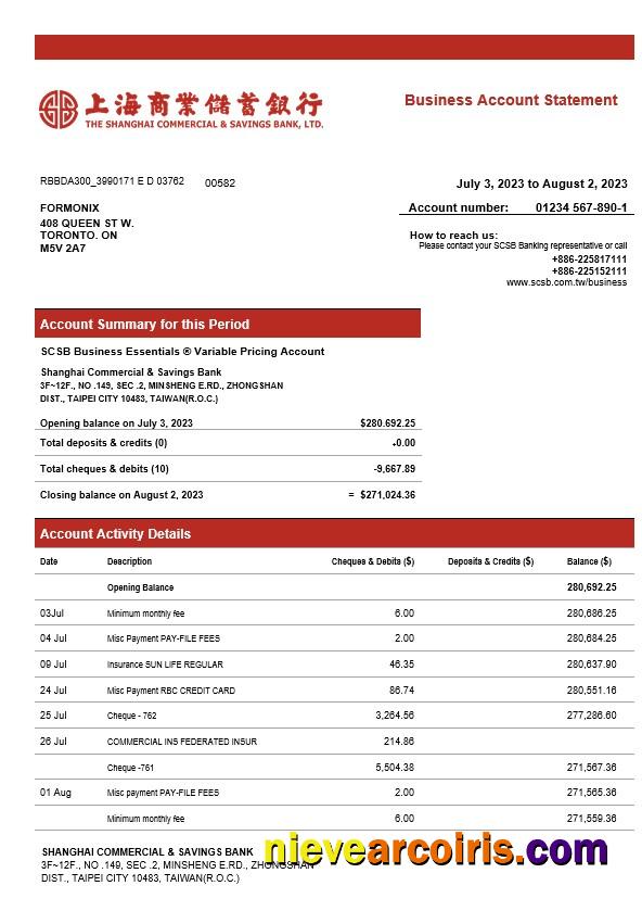 Realistic Shanghai Commercial & Savings Bank Firm Account Statement Word And PDF Template