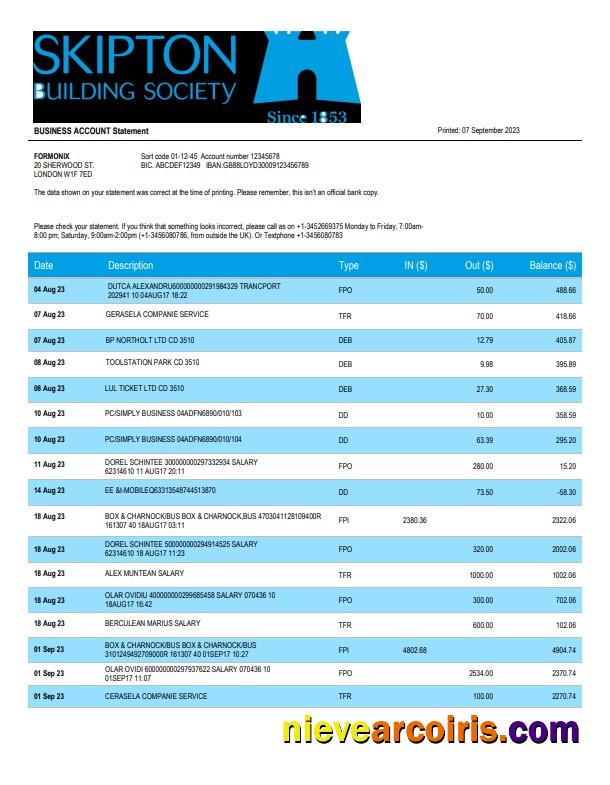 Editable Skipton Building Society Bank Firm Account Statement Word And PDF Template