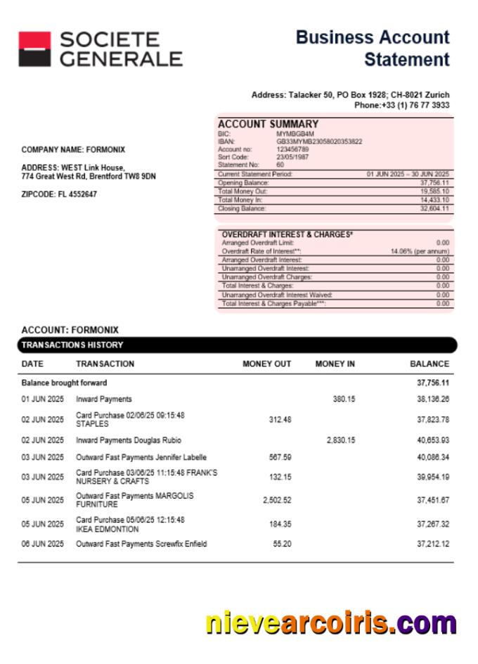 Editable Société Générale Business Account Statement Word And PDF Template