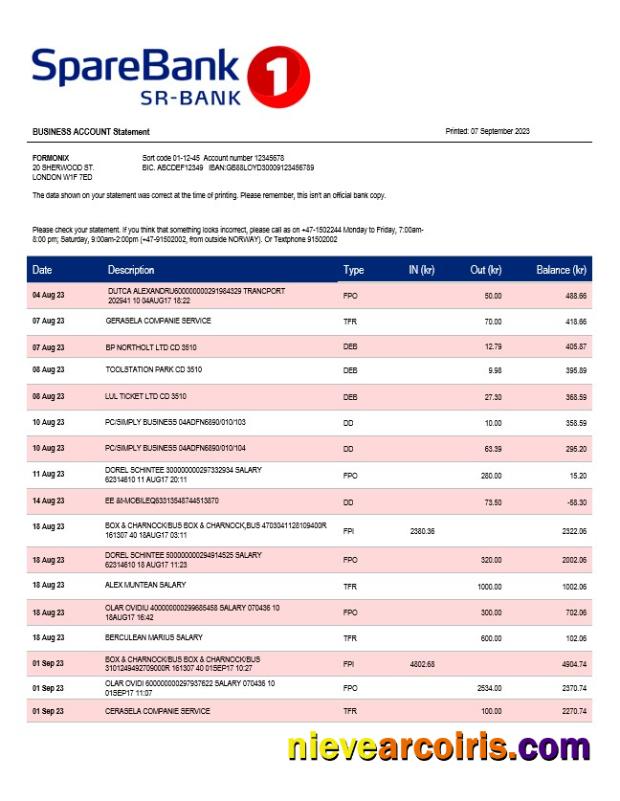 Editable Sparebank 1 Sr B Enterprise Account Statement Word And PDF Template