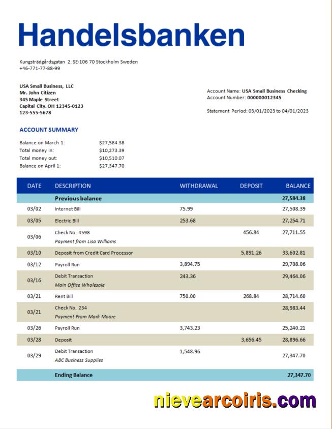 Professional Svenska Handelsbanken Bank Firm Statement Word And PDF Template
