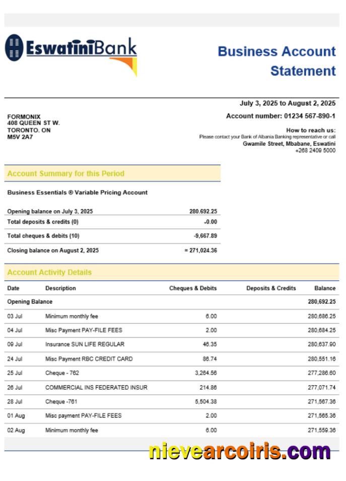 Realistic Swazibank Limited Company Checking Account Statement Word And PDF Template