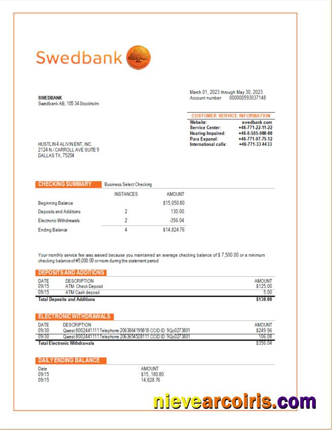Professional Swedbank Business Checking Account Statement Word And PDF Template