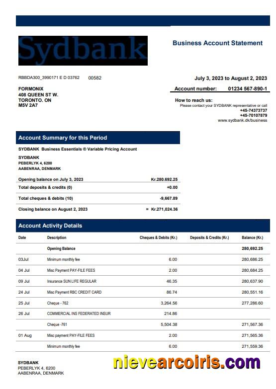 Professional Sydbank Enterprise Account Statement Word And PDF Template