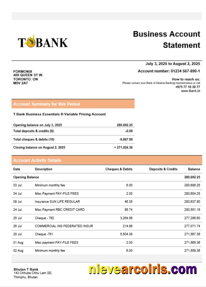 T Bank Business Bank Statement Word And PDF Format Sample