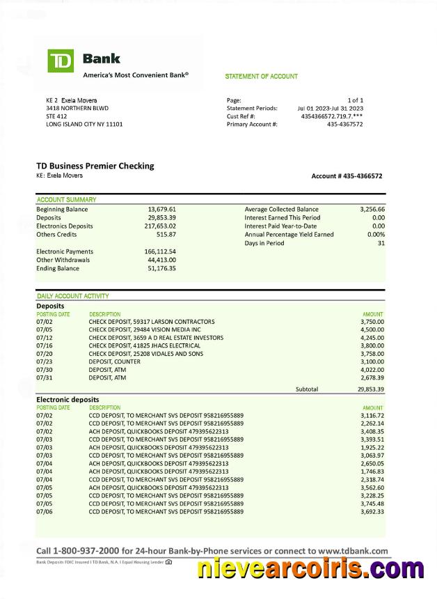 TD Bank Bank Statement Template