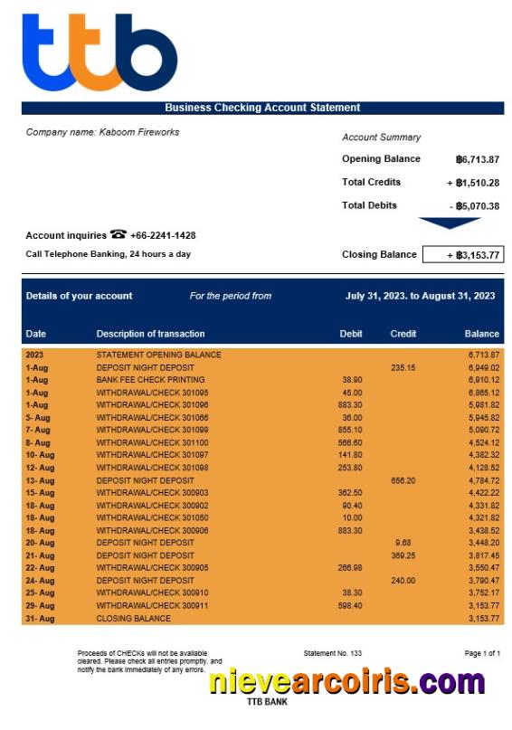 Editable TTB Bank Corporate Checking Account Statement Word And PDF Template