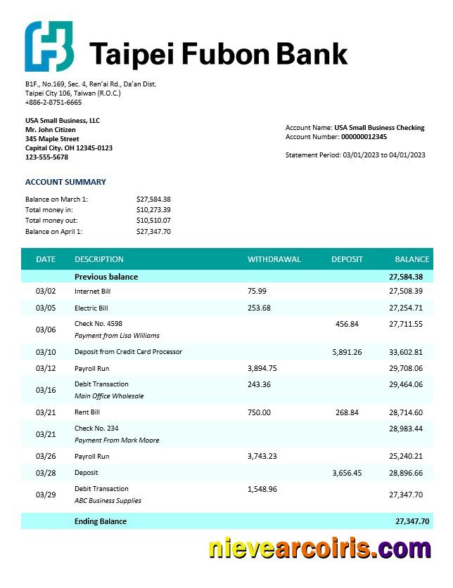 Realistic Taipai Fubon Bank Corporate Checking Account Statement Word And PDF Template