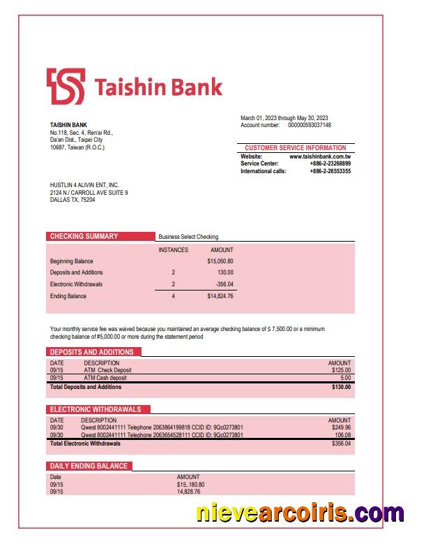 Realistic Taishin Bank Enterprise Statement Word And PDF Template
