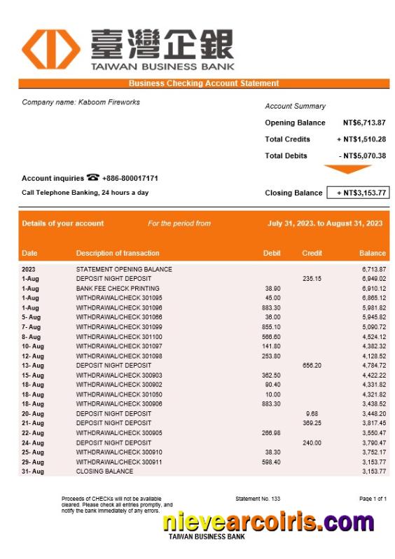Realistic Taiwan Business Bank Statement Word And PDF Template
