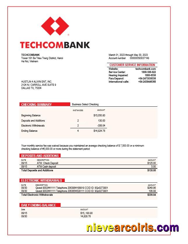 Editable Techcombank Corporate Checking Account Statement Word And PDF Template