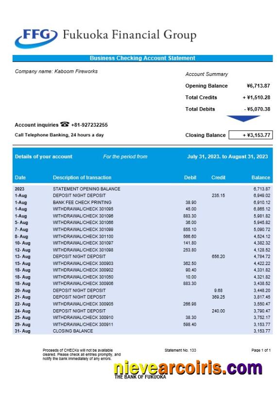 Professional The Bank Of Fukuoka Firm Account Statement Word And PDF Template