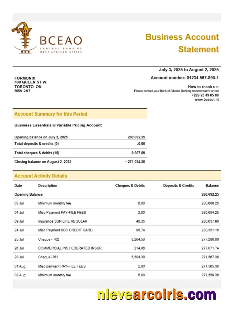 The Central Bank Of West African States Organization Checking Account Statement Word And PDF Format Preview