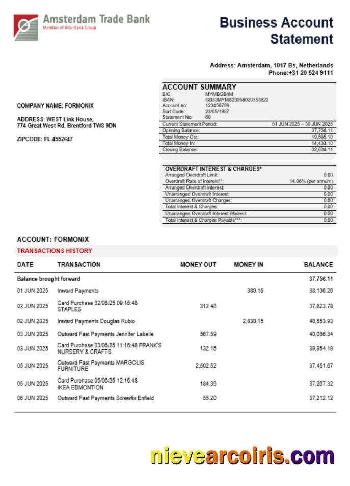Realistic Trade Bank Business Account Statement Word And PDF Template