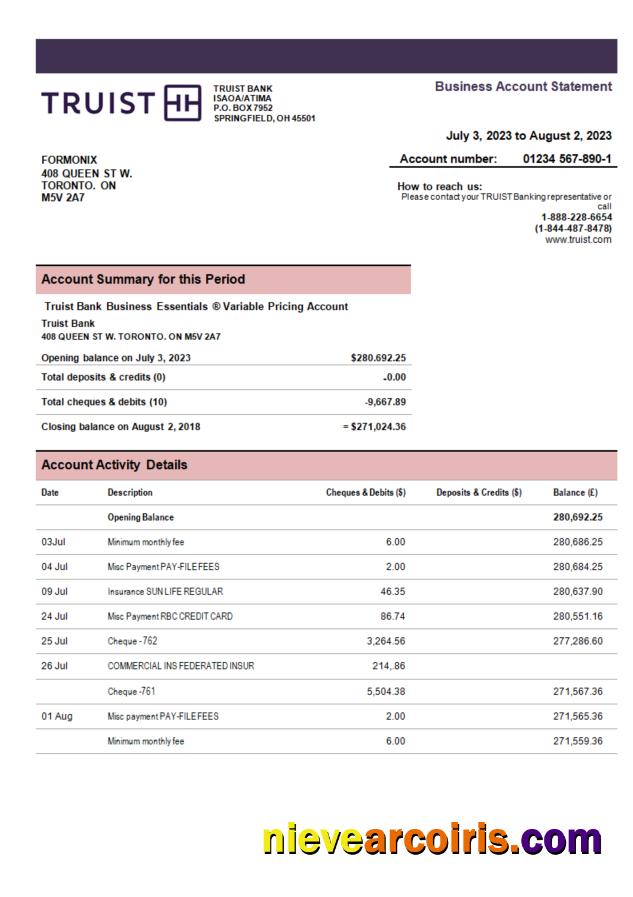 Professional Truist Bank Enterprise Account Statement Word And PDF Template