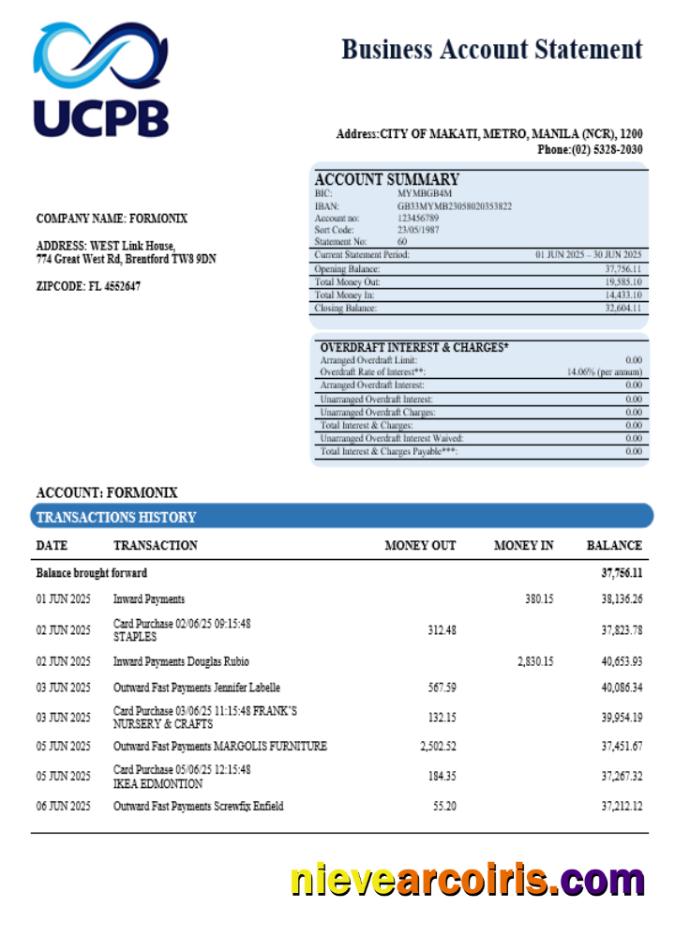 UCPB Bank Company Statement Word And PDF Format Preview