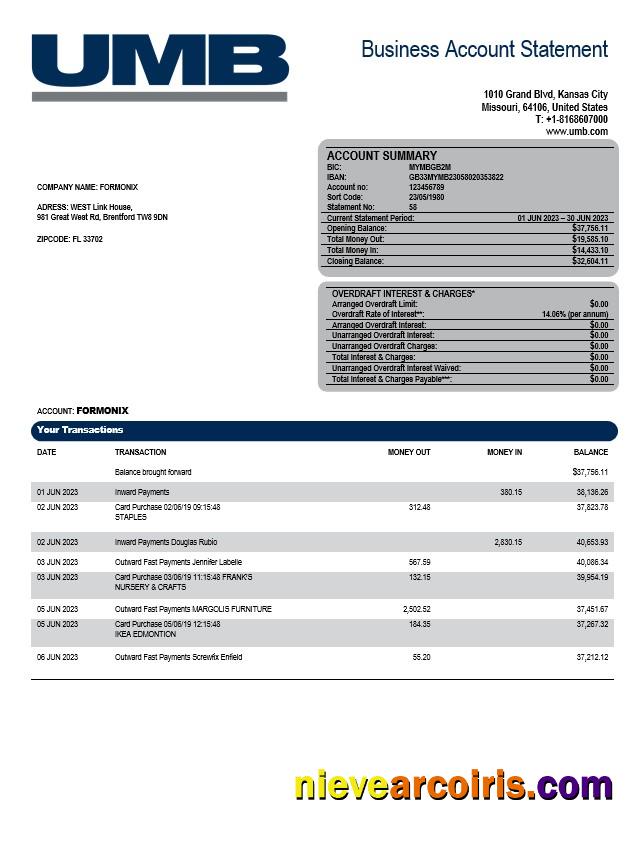 Editable UMB Bank Enterprise Account Statement Word And PDF Template