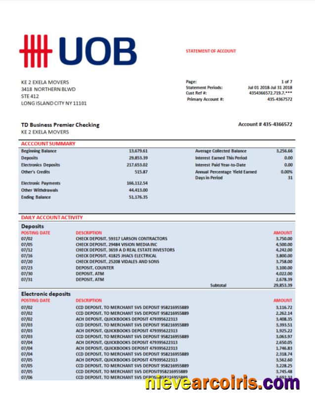Premium UOB (United Overseas Bank) Firm Account Statement Word And PDF Template