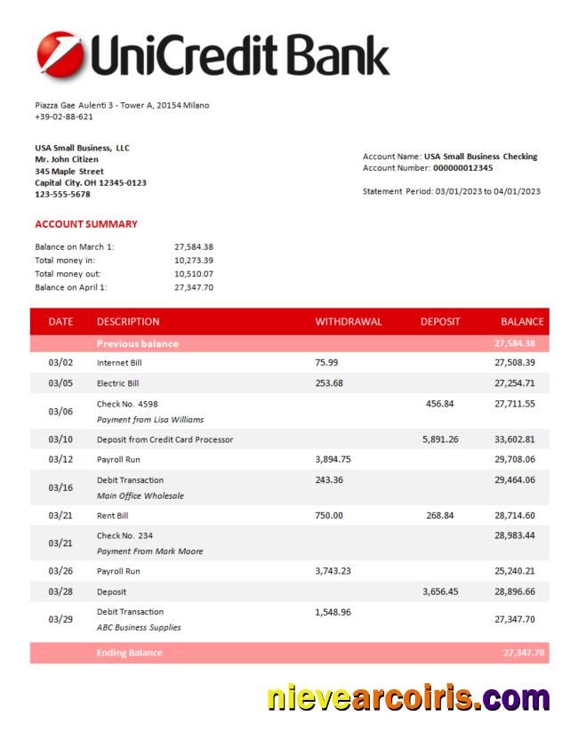 Professional Unicredit Bank Corporate Statement Word And PDF Template
