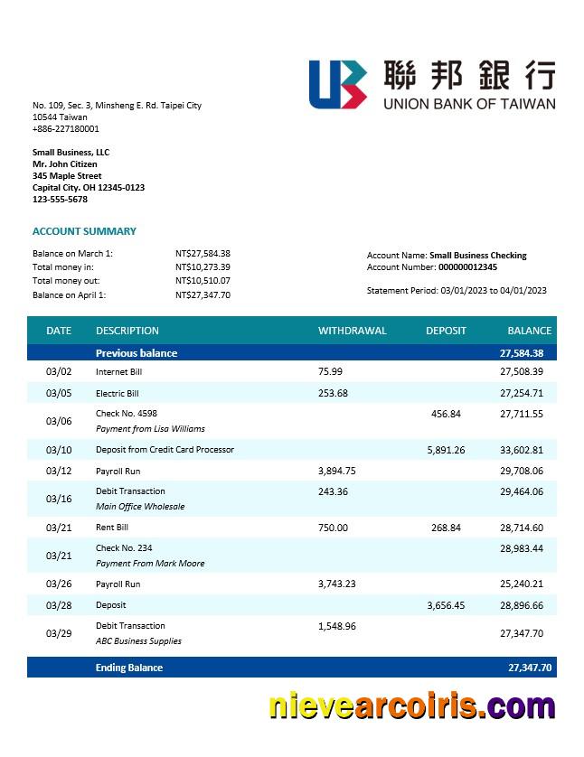 Realistic Union Bank Of Taiwan Company Account Statement Word And PDF Template