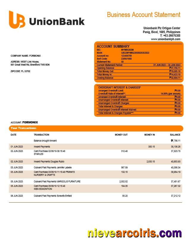 Editable Union Bank Of The Philippines Business Statement Word And PDF Template