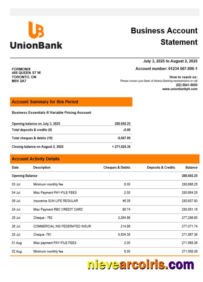Unionbank Company Statement Word And PDF Format Preview