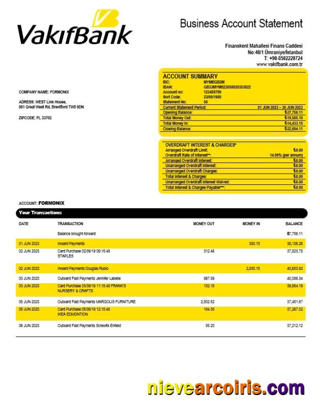 Editable Vakifbank Company Account Statement Word And PDF Template
