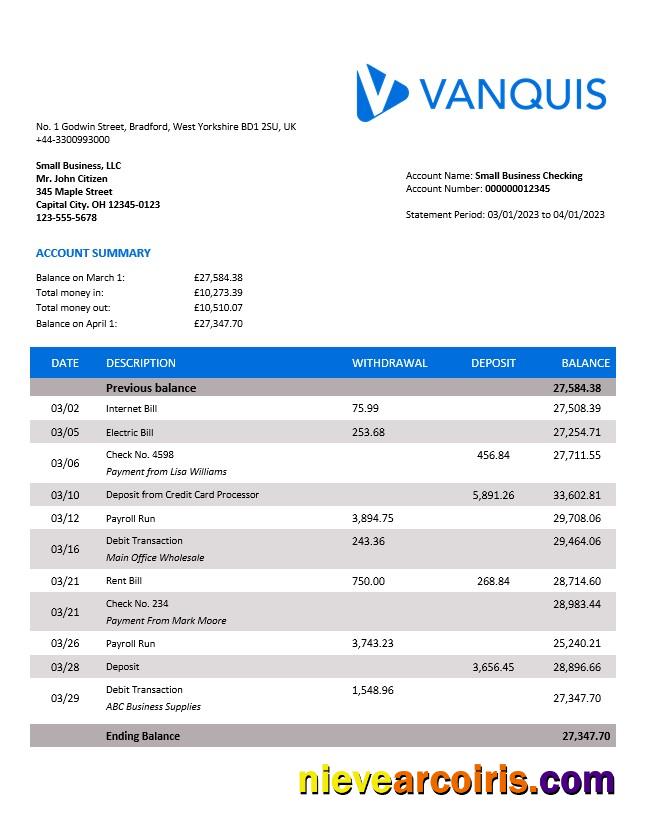 Editable Vanquis Bank Organization Account Statement Word And PDF Template